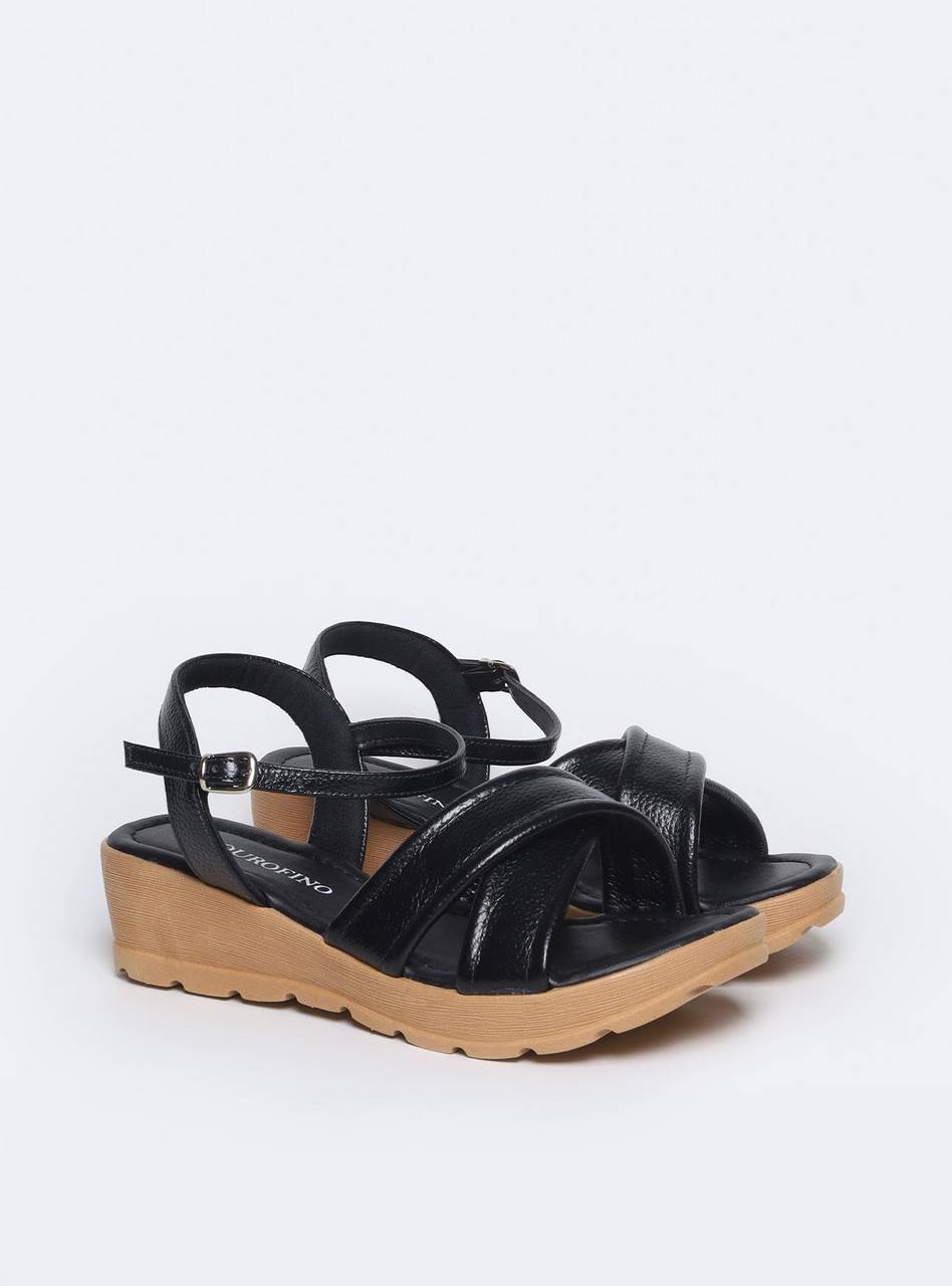 Sandália Feminina Couro Anabela Tiras Cruzadas - Preta SDI-11576 - PR