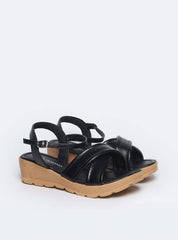 Sandália Feminina Couro Anabela Tiras Cruzadas - Preta SDI-11576 - PR