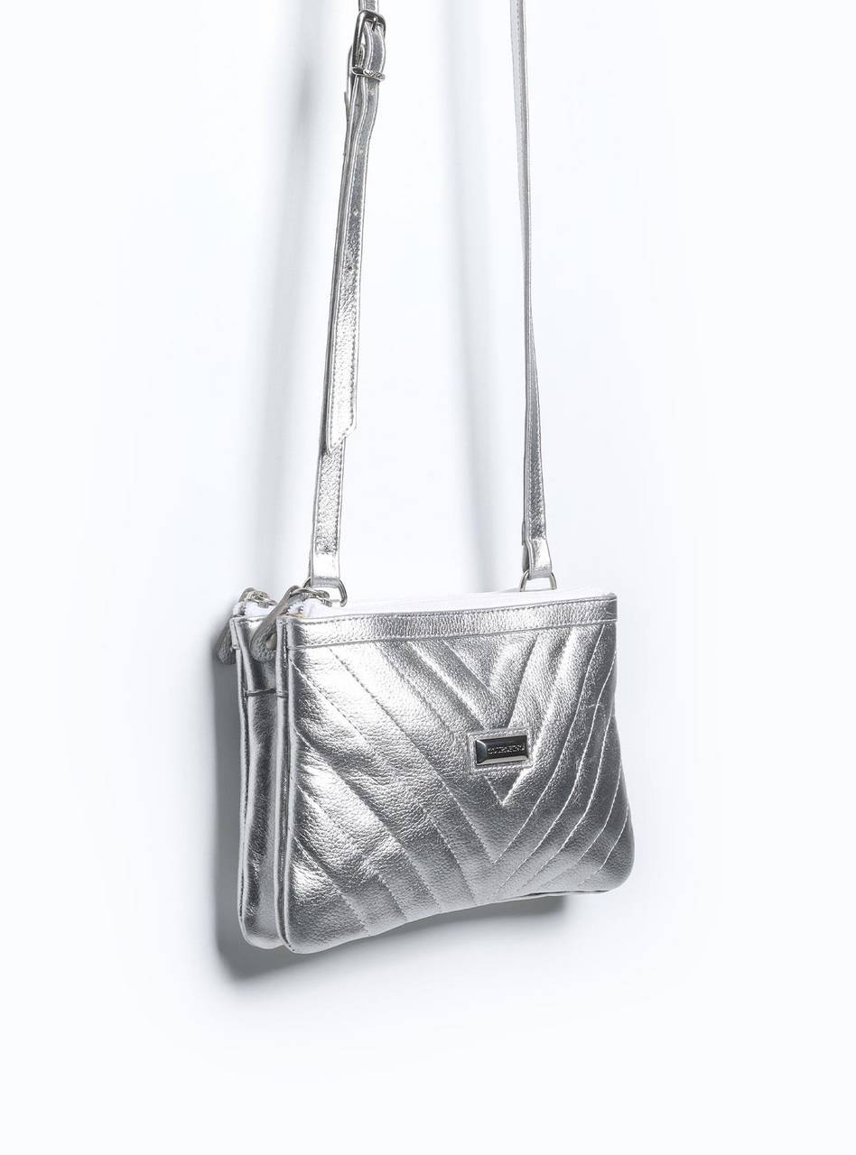 Bolsa Clutch Pequena Duas Divisórias Couro Prata BSI-3728 - PT
