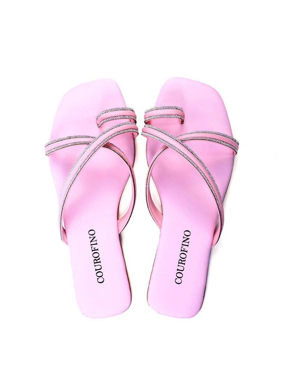 Sandália Rasteira de Dedo com Tira Cruzada com Strass - Rosa SDI-11717 - RS