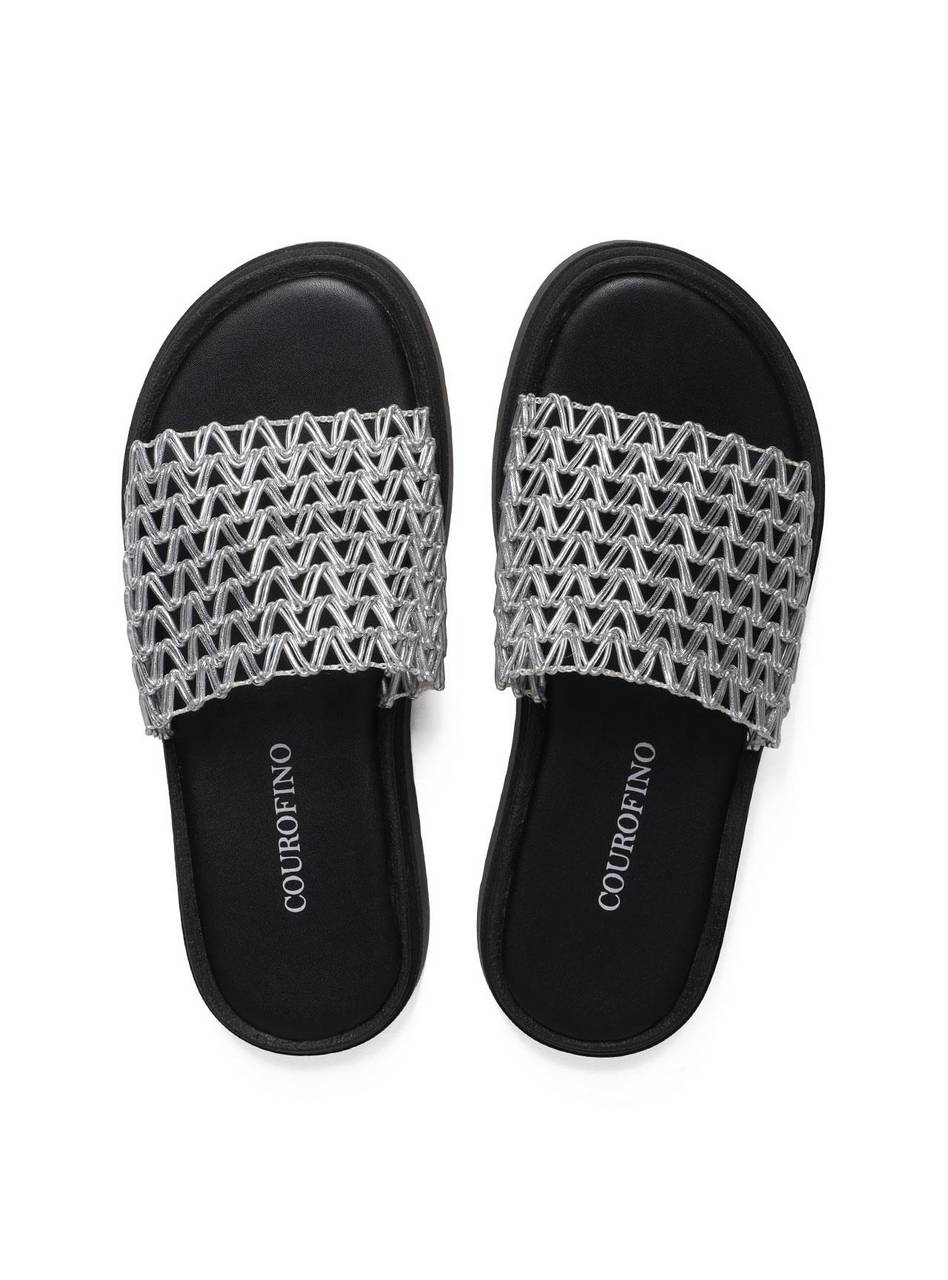 Sandália Flatform Slide com Tiras Tramadas - Prata SDI-11654 - PT