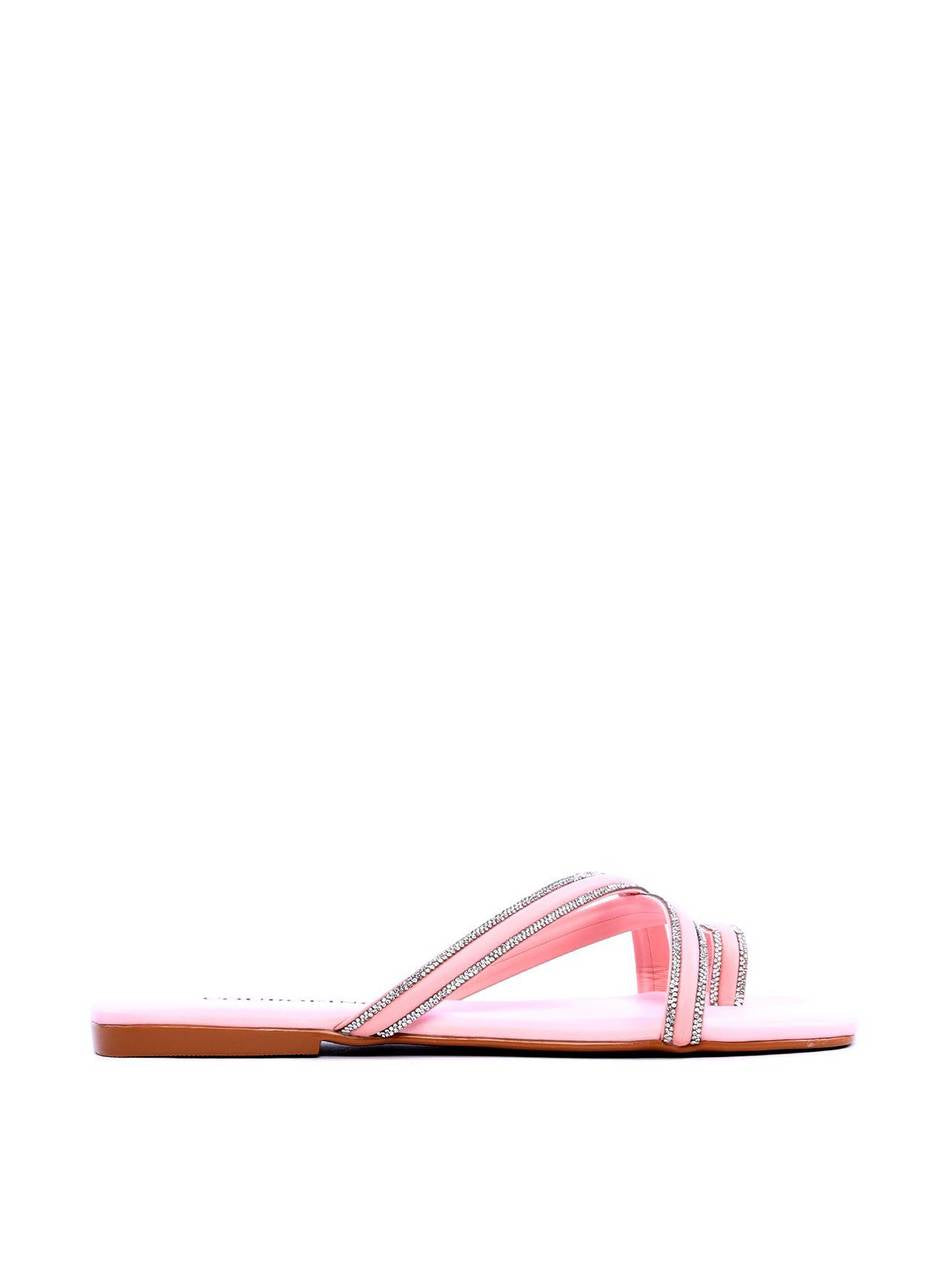Sandália Rasteira de Dedo com Tira Cruzada com Strass - Rosa SDI-11717 - RS