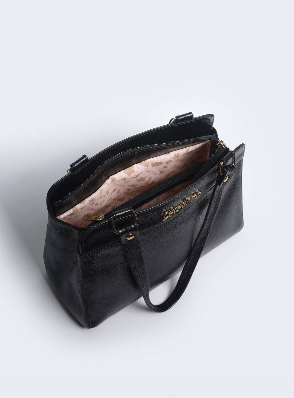Bolsa Tiracolo Duas Divisórias Média Couro Preta BSI-5630 - PR