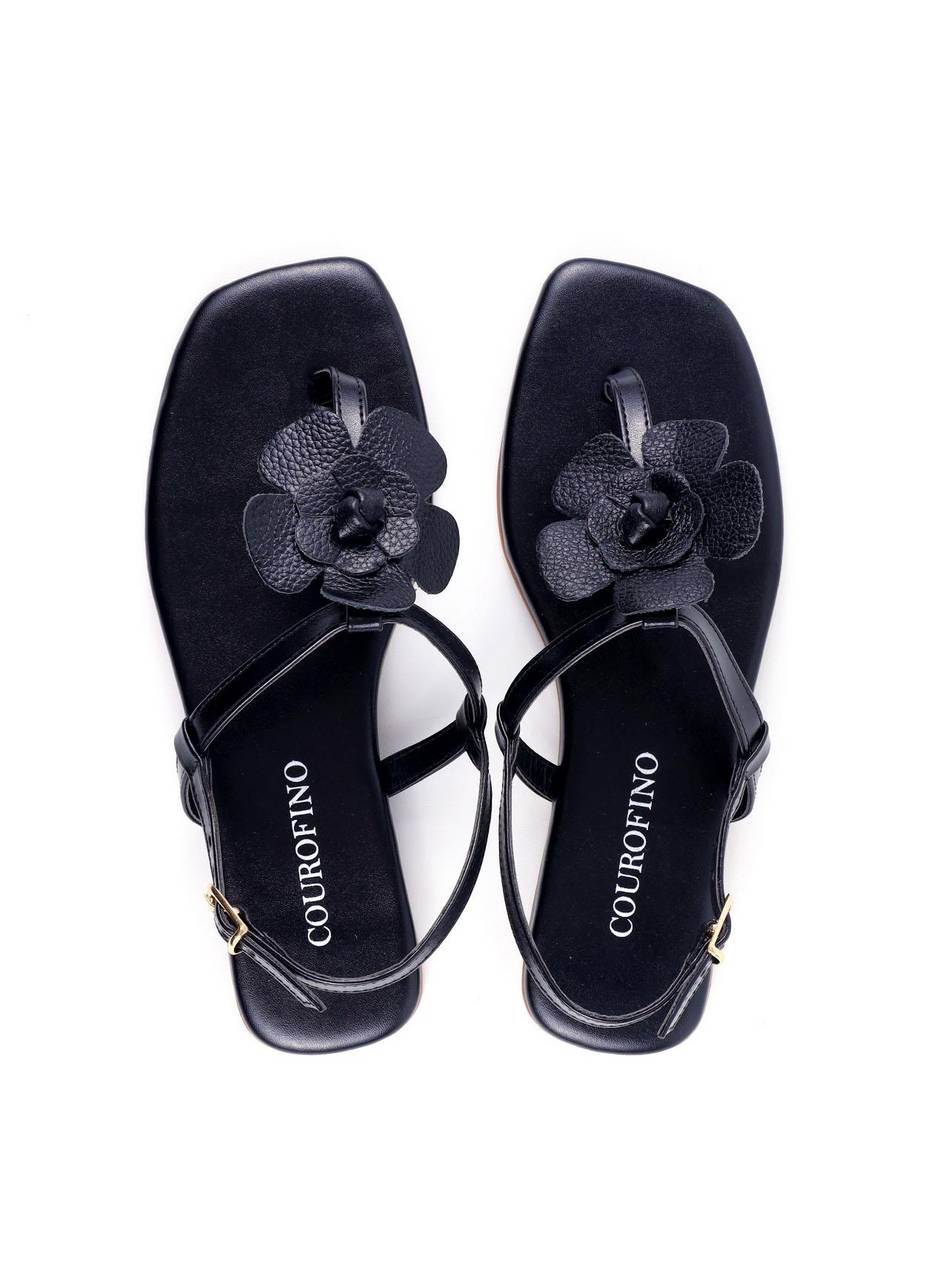 Rasteira de Dedo com Fivela e Flor - Preta SDI-11847 - PR