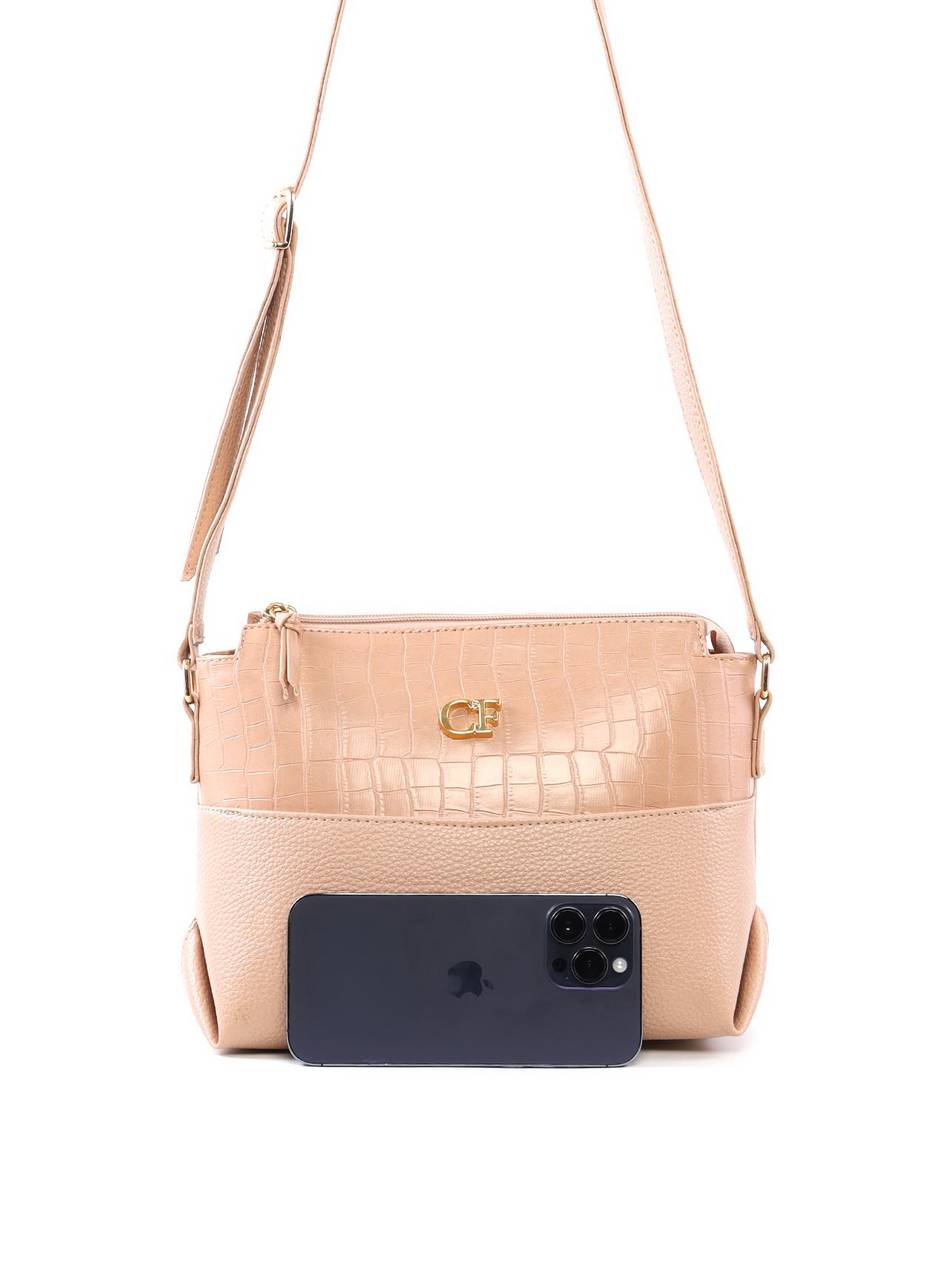 Bolsa Transversal Média com Detalhe Croco - Nude BSI-6488 - NU