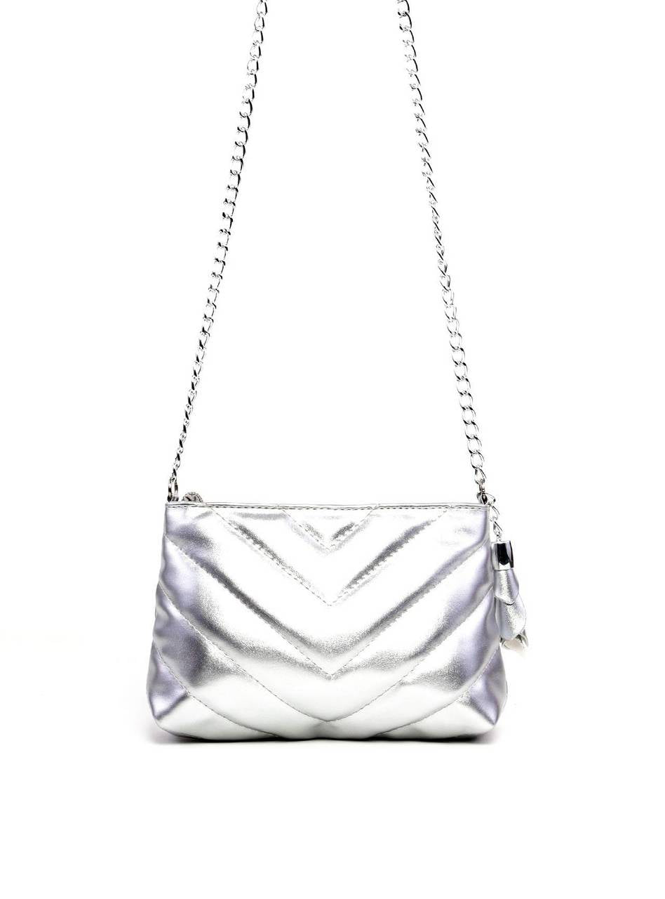 Bolsa Clutch Sintética Tiracolo com Detalhes em Costura - Prata BSI-5961 - PT
