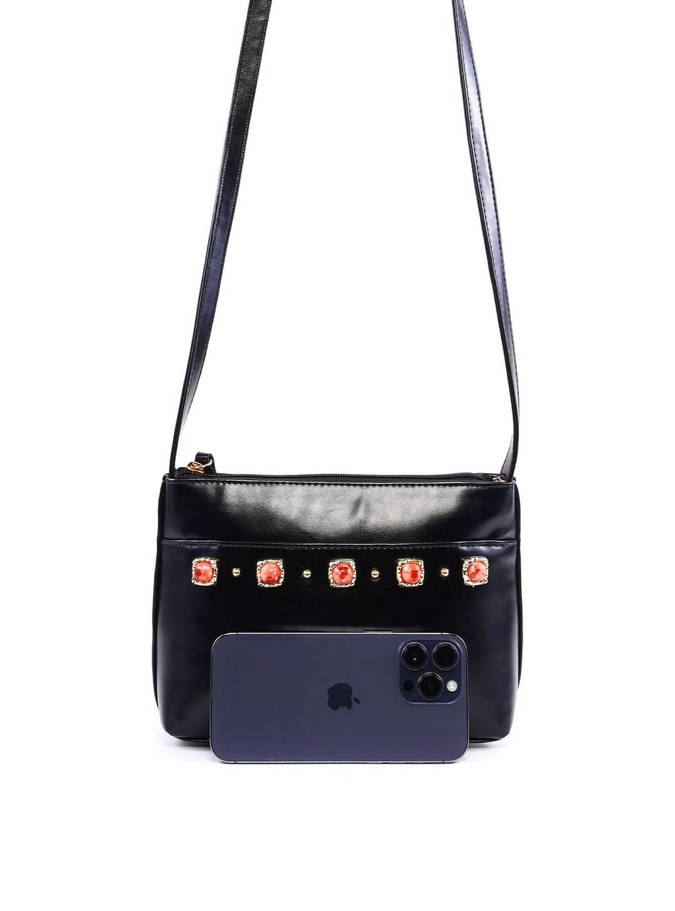 Bolsa Tote Transversal com Pedraria - Preta BSI-6362 - PR