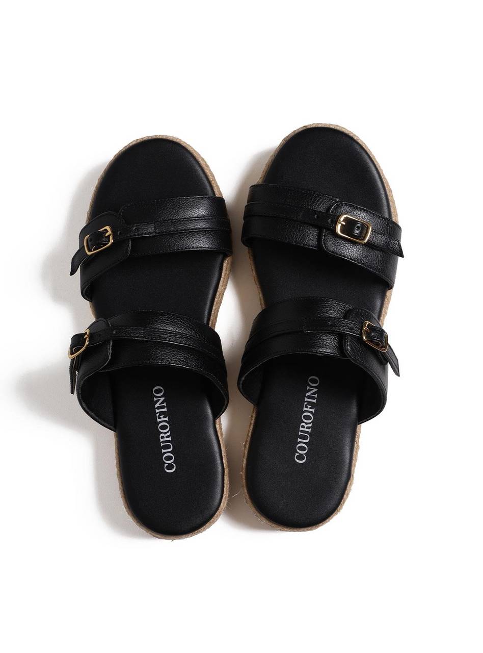 Sandália Flatform Salto em Cordas com Duas Tiras com Fivelas - Preta SDI-11677 - PR