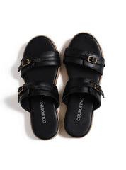 Sandália Flatform Salto em Cordas com Duas Tiras com Fivelas - Preta SDI-11677 - PR