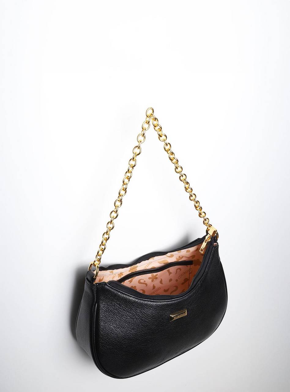 Bolsa Hobo Pequena Transversal Couro Preta BSI-5850 - PR