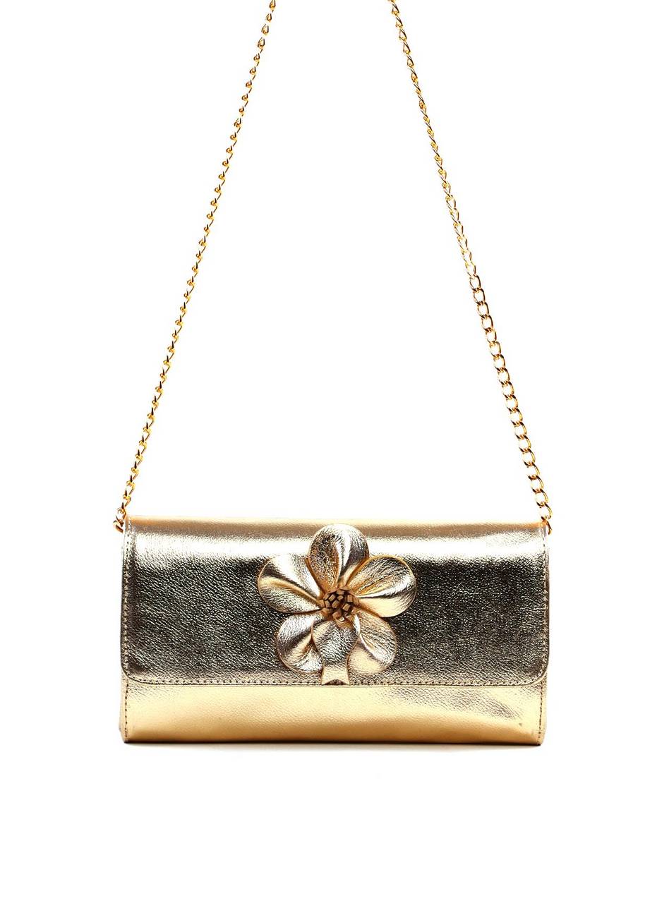 Bolsa Clutch Retangular Enfeite Flor Alça Corrente - Ouro BSI-6372 - AU