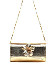 Bolsa Clutch Retangular Enfeite Flor Alça Corrente - Ouro BSI-6372 - AU