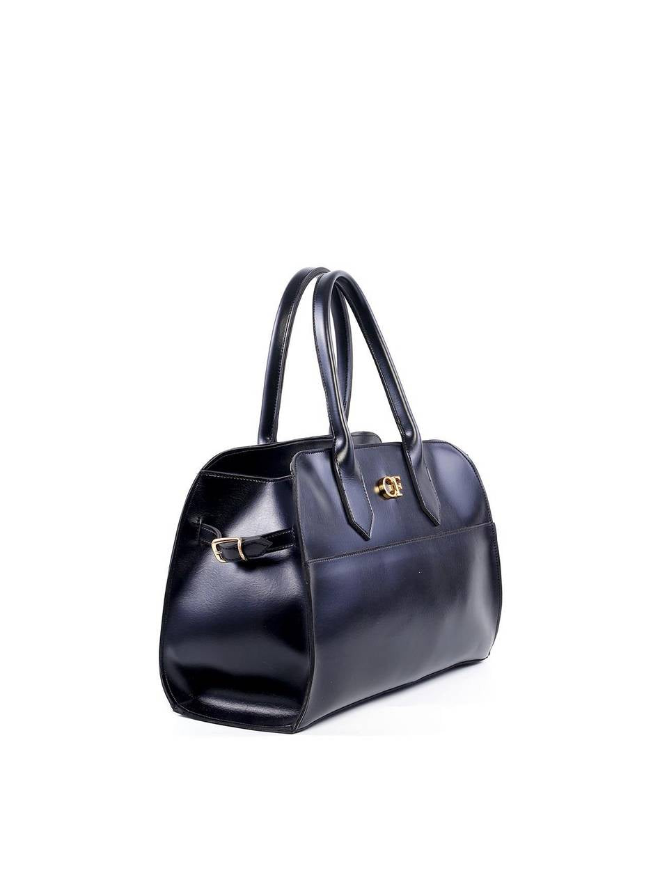 Bolsa Tote de Alça Dupla com Costuras e Fivelas - Preta BSI-6209 - PR
