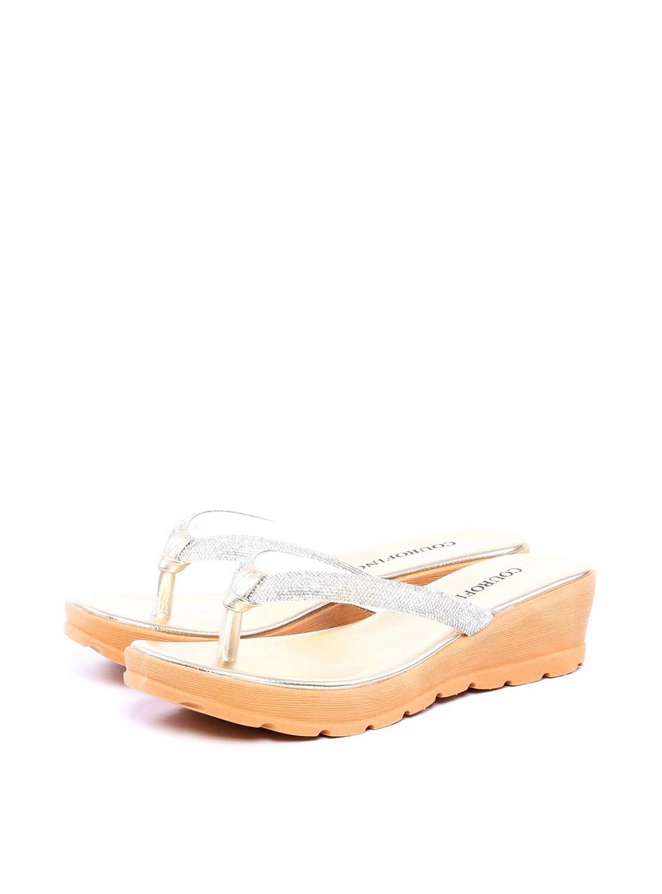 Sandália Feminina Tamanco Anabela Comfort com Tiras em Strass - Ouro SDI-11699 - AU