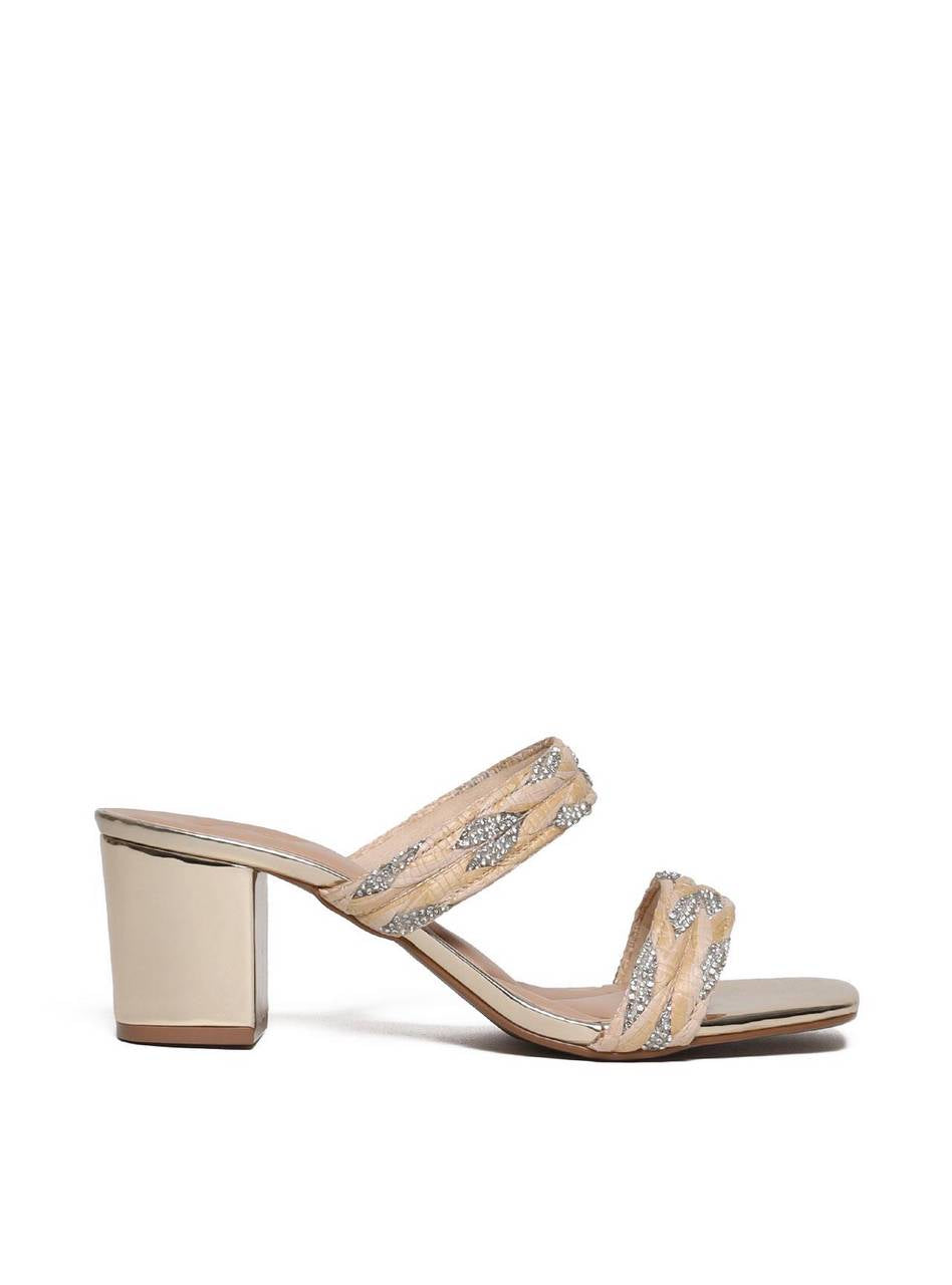 Tamanco Salto Bloco com Tiras de Palha e Strass - Ouro SDI-11691 - AU