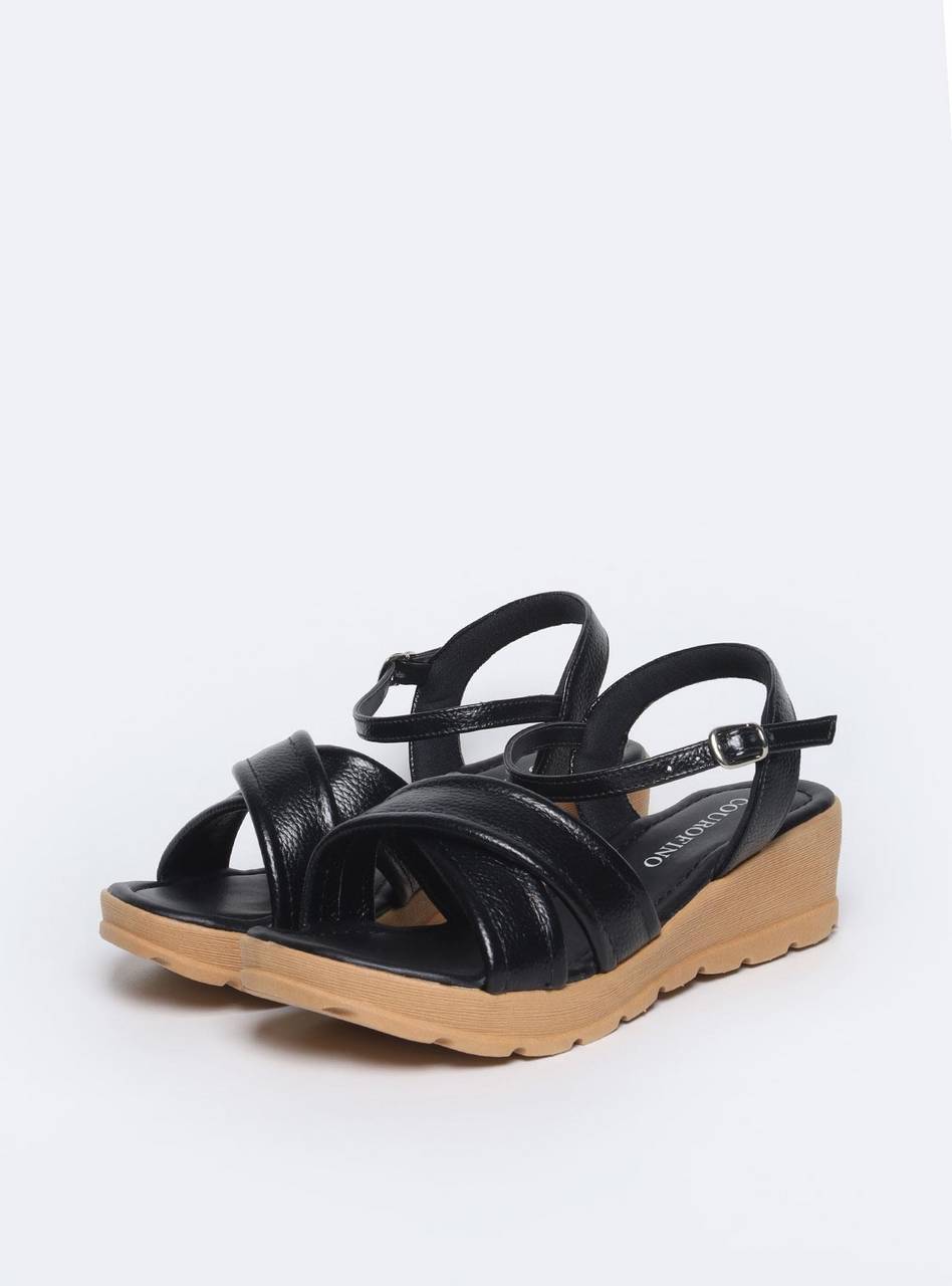 Sandália Feminina Couro Anabela Tiras Cruzadas - Preta SDI-11576 - PR