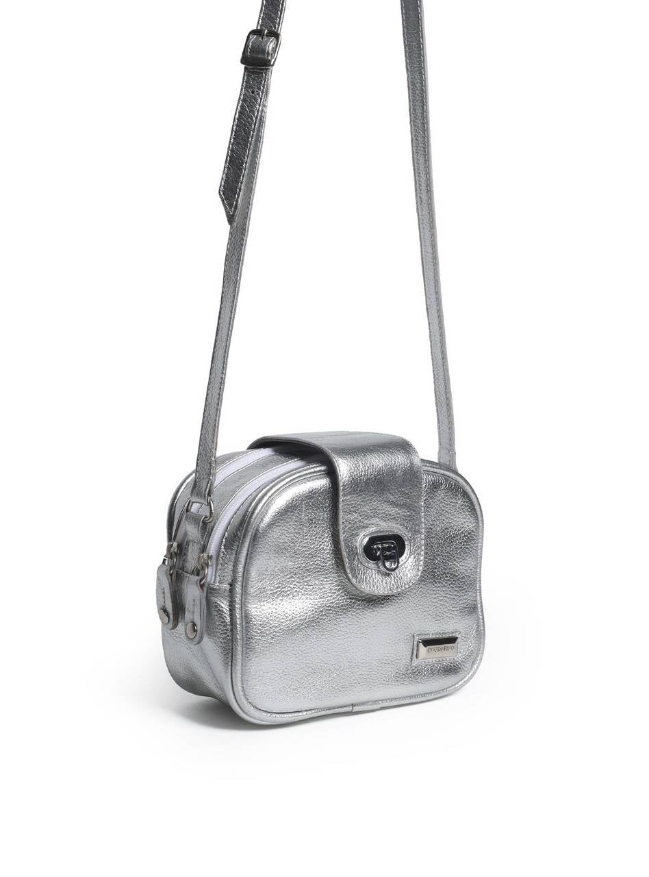 Bolsa Bag Couro Transversal 2 Zíperes Prata BSI-5071 - PT