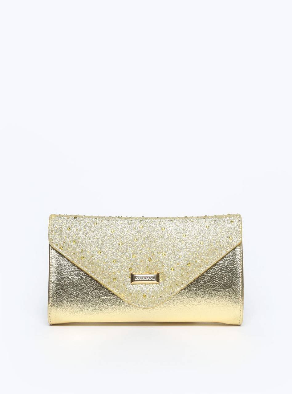 Bolsa Clutch Pequena Tiracolo Tampa Brilhosa Ouro BSI-5874 - AU