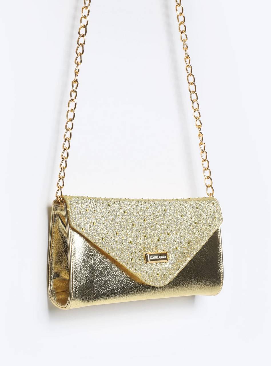 Bolsa Clutch Pequena Tiracolo Tampa Brilhosa Ouro BSI-5874 - AU