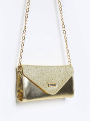 Bolsa Clutch Pequena Tiracolo Tampa Brilhosa Ouro BSI-5874 - AU