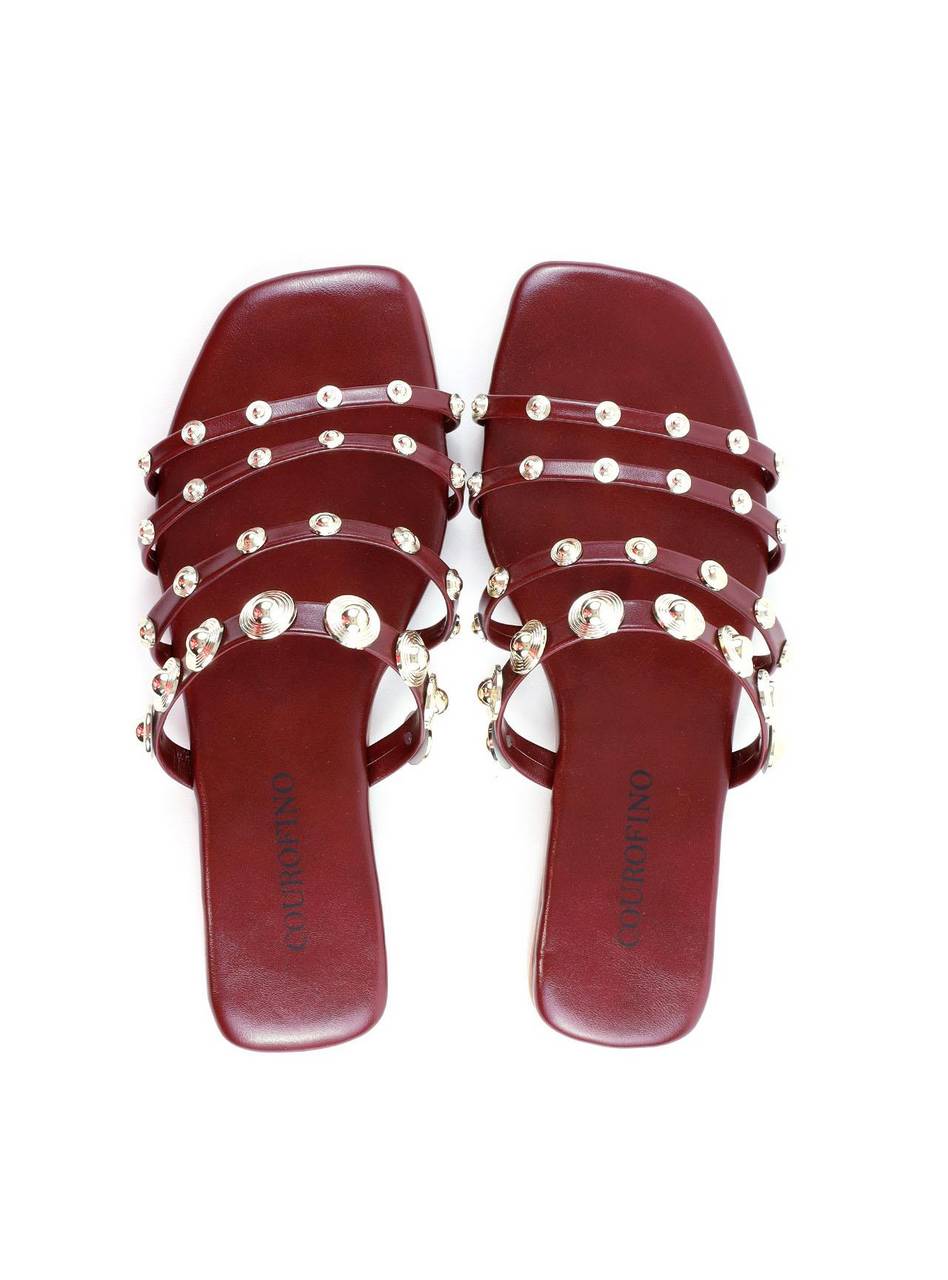 Rasteira com Tiras Finas e Rebites - Vinho SDI-11895 - VI