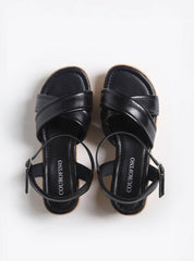 Sandália Feminina Couro Anabela Tiras Cruzadas - Preta SDI-11576 - PR