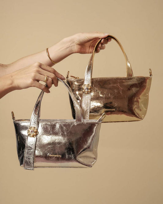 Bolsa Tote com Alça Dupla e Enfeite de Flor - Prata BSI-6111 - PT
