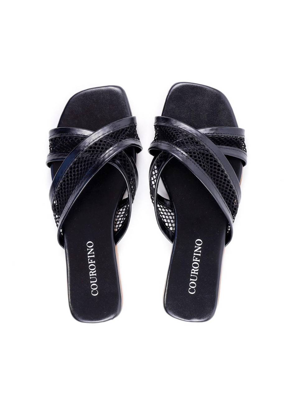 Rasteira com Tiras Cruzada e Tela - Preta SDI-11963 - PR