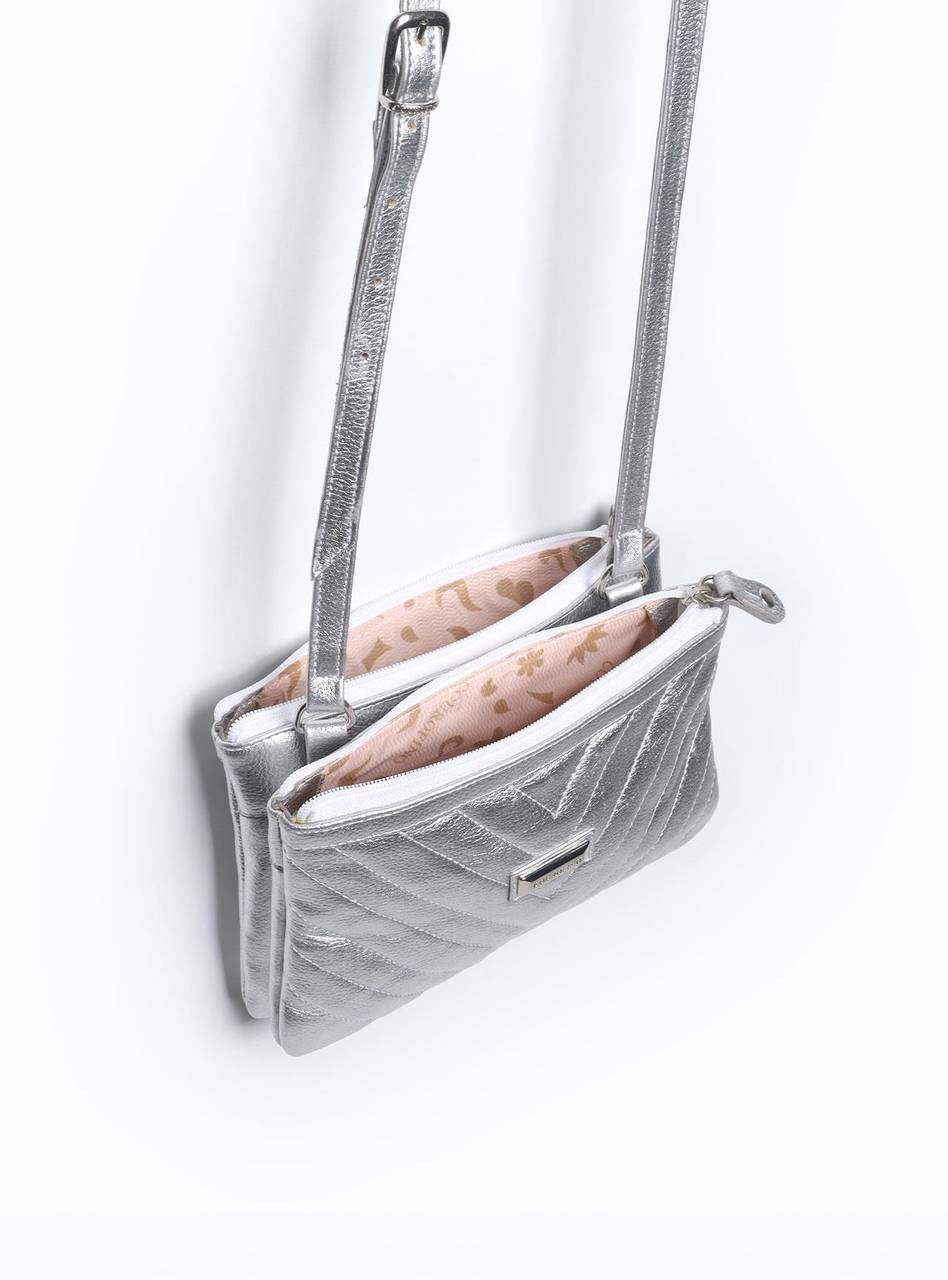 Bolsa Clutch Pequena Duas Divisórias Couro Prata BSI-3728 - PT