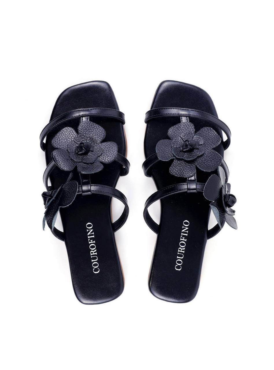 Rasteira Slide com Duas Flores - Preta SDI-11848 - PR