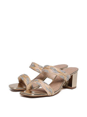 Tamanco Salto Bloco com Tiras de Palha e Strass - Ouro SDI-11691 - AU