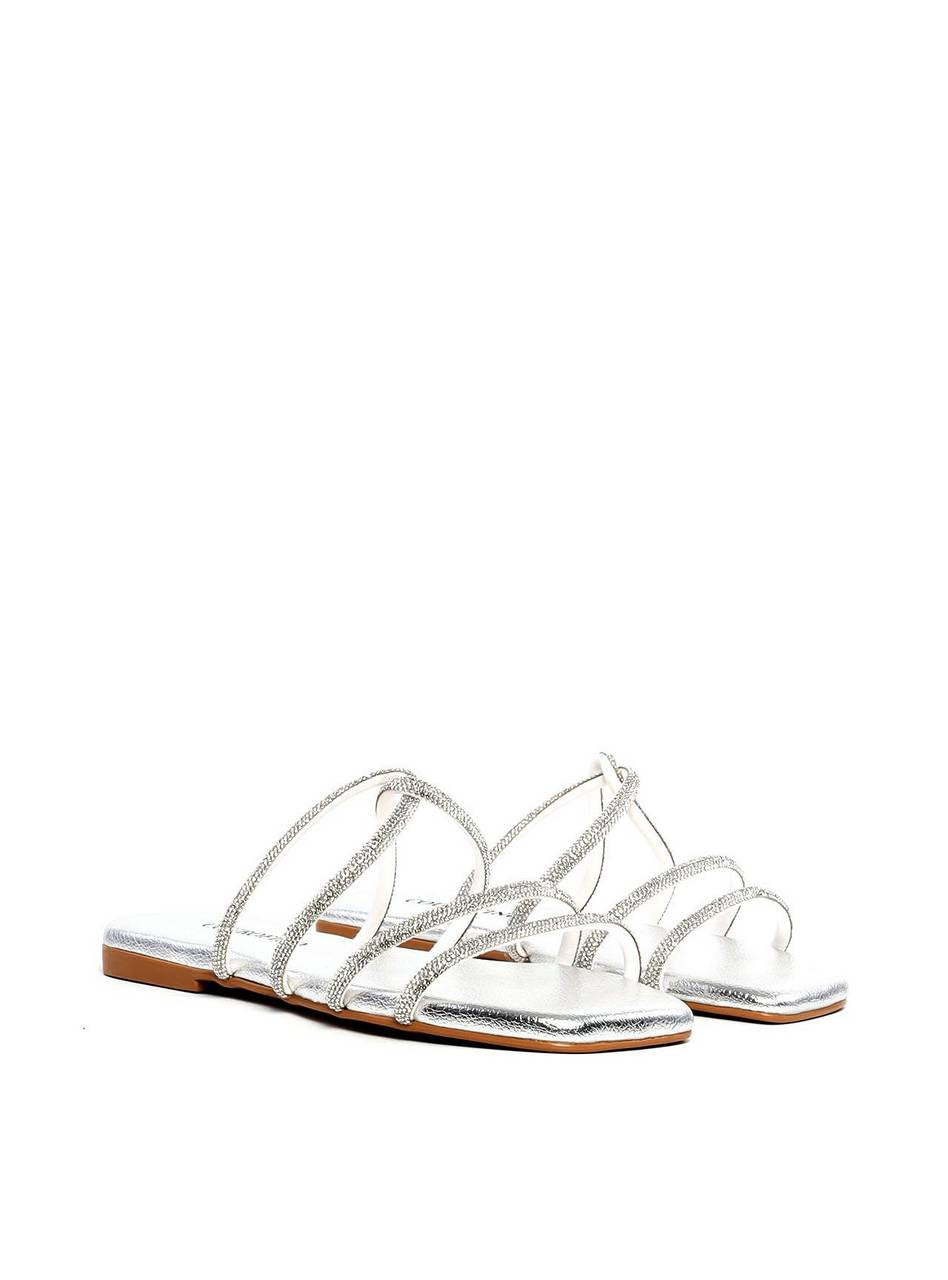 Rasteira com Tiras Cruzadas e Strass - Prata SDI-11891 - PT