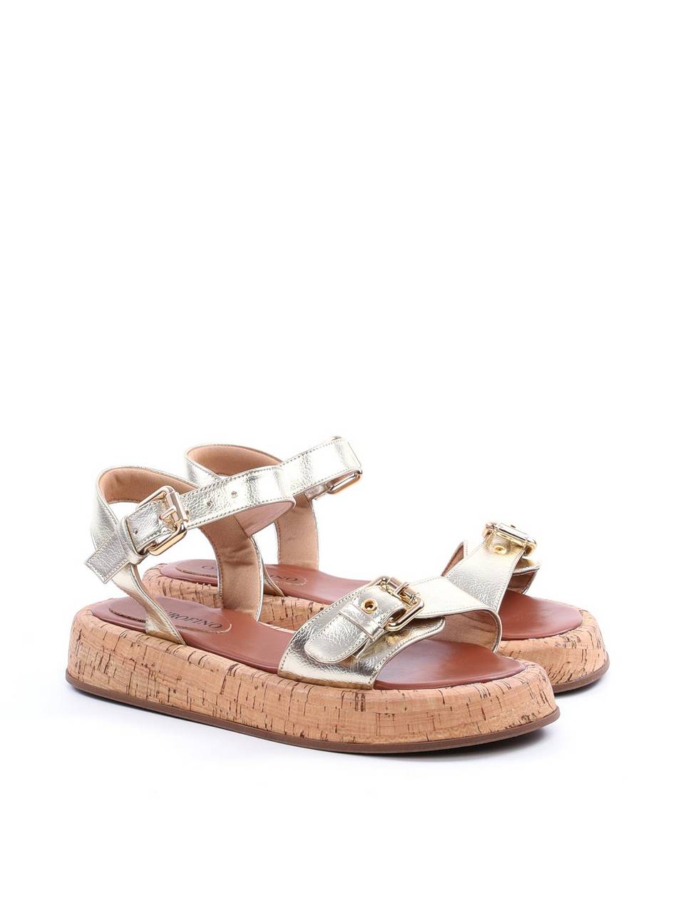 Sandália Papete com Salto de Cortiça e Fivelas - Ouro SDI-11740 - AU