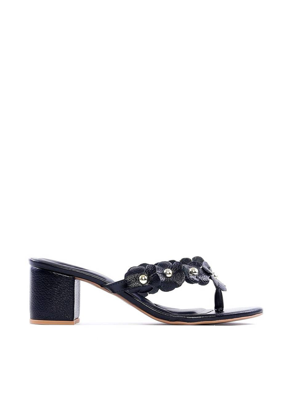 Tamanco de Dedo Salto Bloco com Mini Flores - Preta SDI-11823 - PR