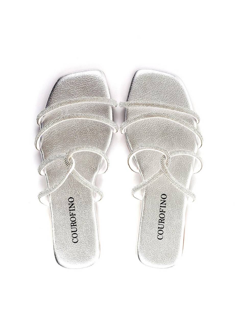 Rasteira com Tiras Cruzadas e Strass - Prata SDI-11891 - PT