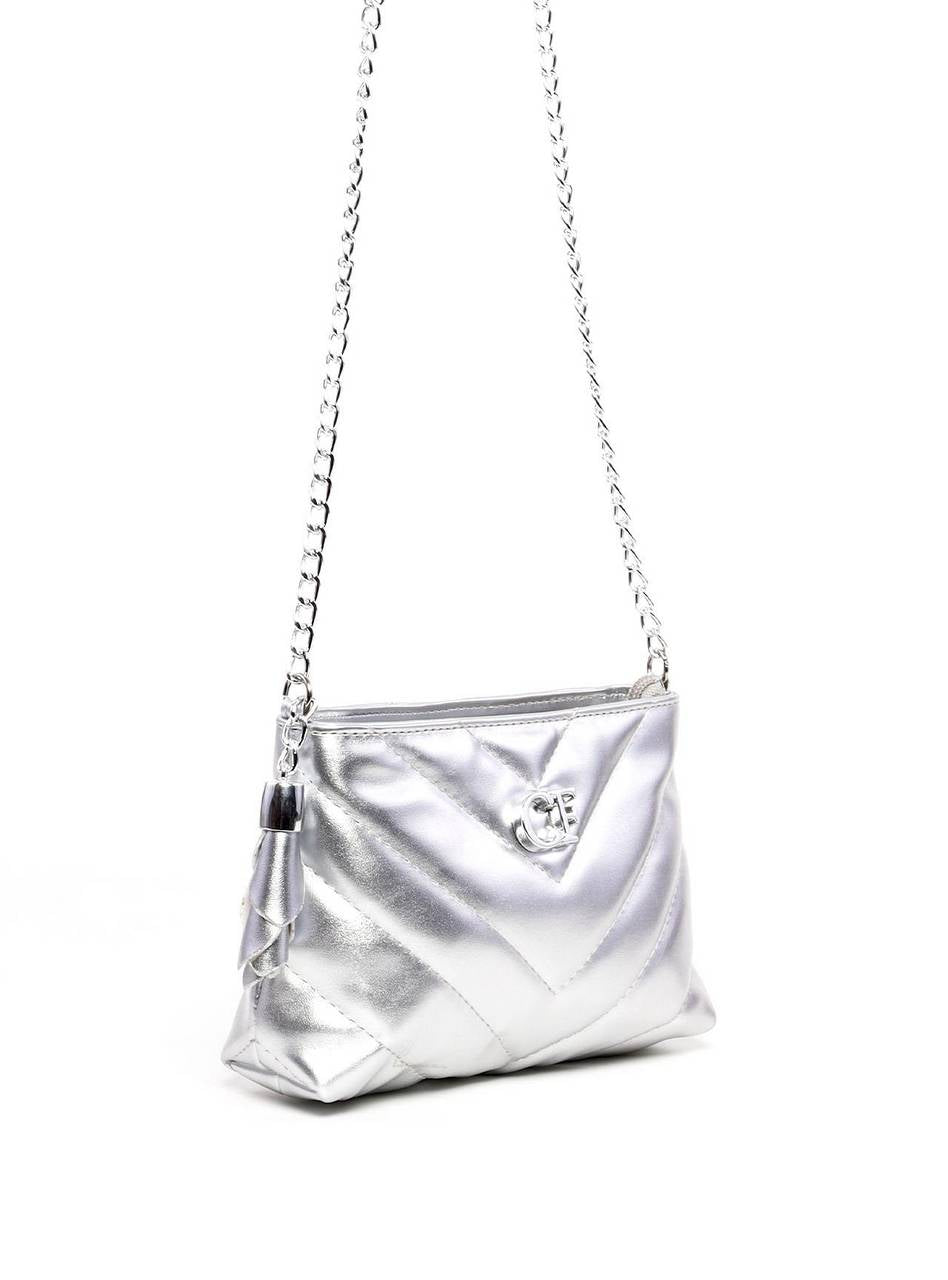 Bolsa Clutch Sintética Tiracolo com Detalhes em Costura - Prata BSI-5961 - PT