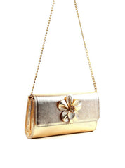 Bolsa Clutch Retangular Enfeite Flor Alça Corrente - Ouro BSI-6372 - AU